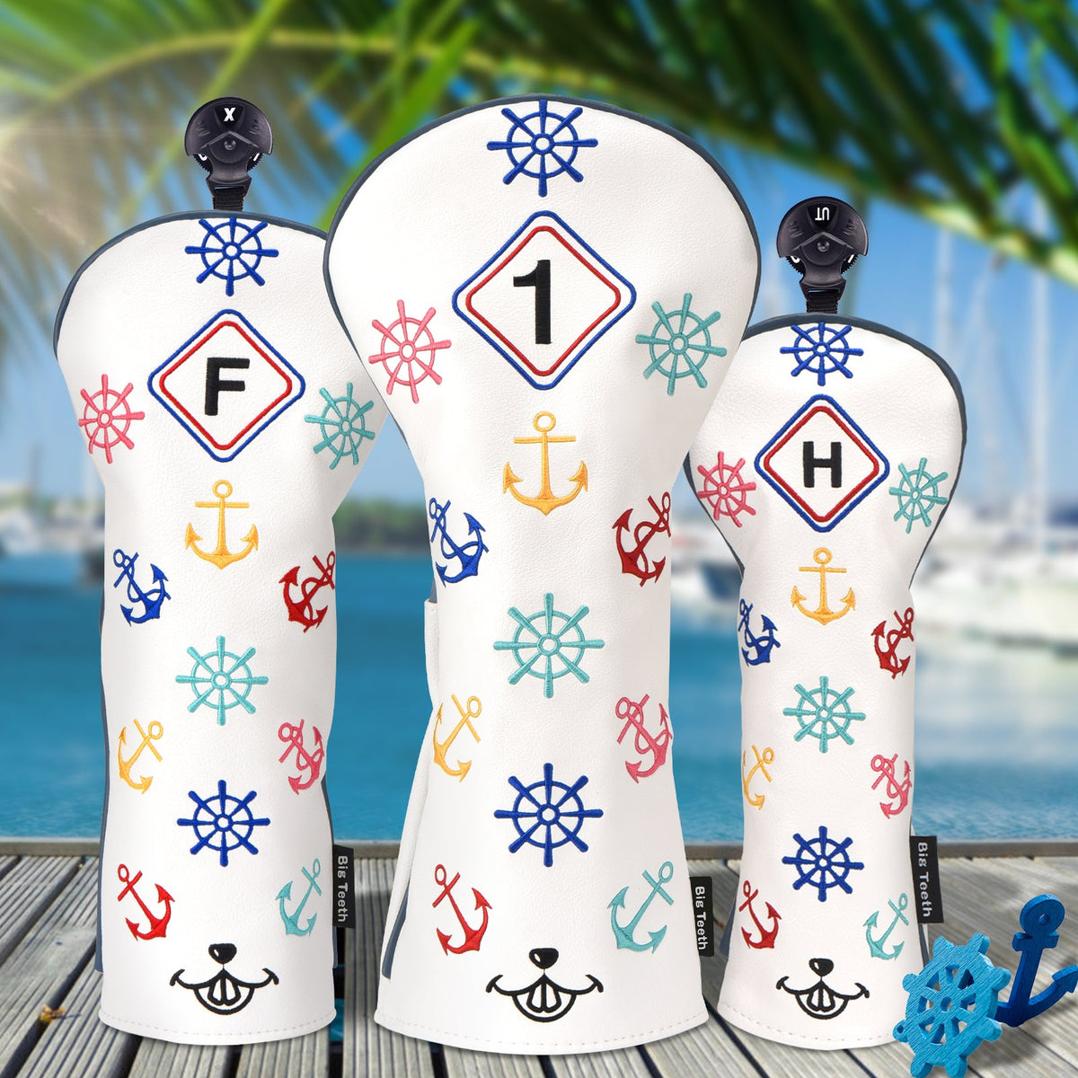 White Leather Rudder Wood Headcover Set