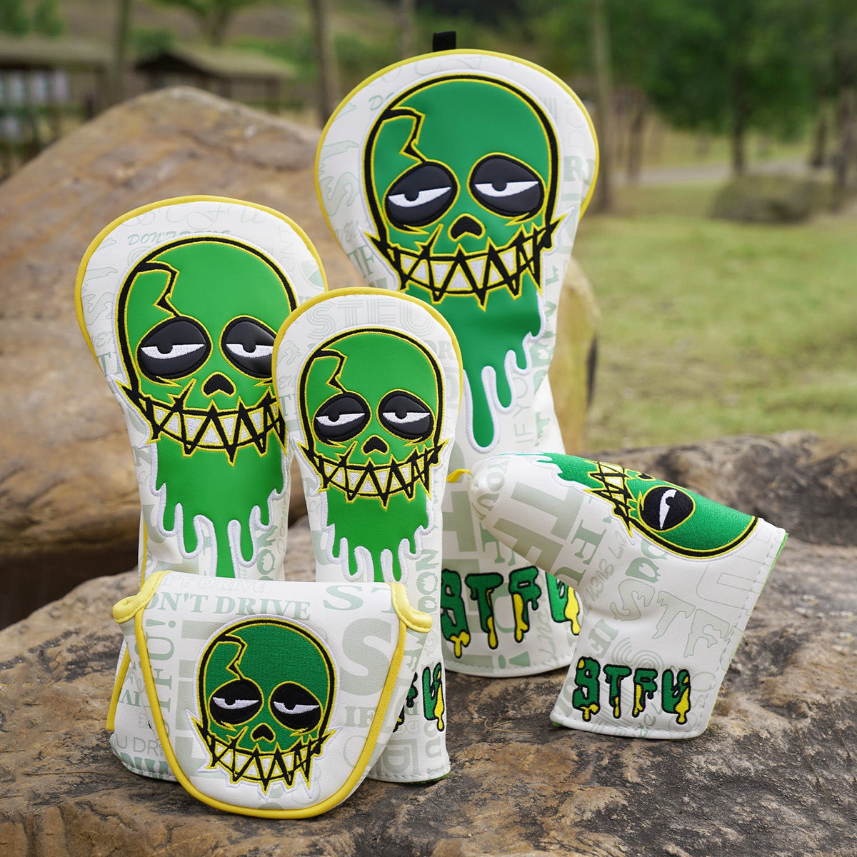 White Green Skull Embroidered Golf Head Cover Set with Iron Suction