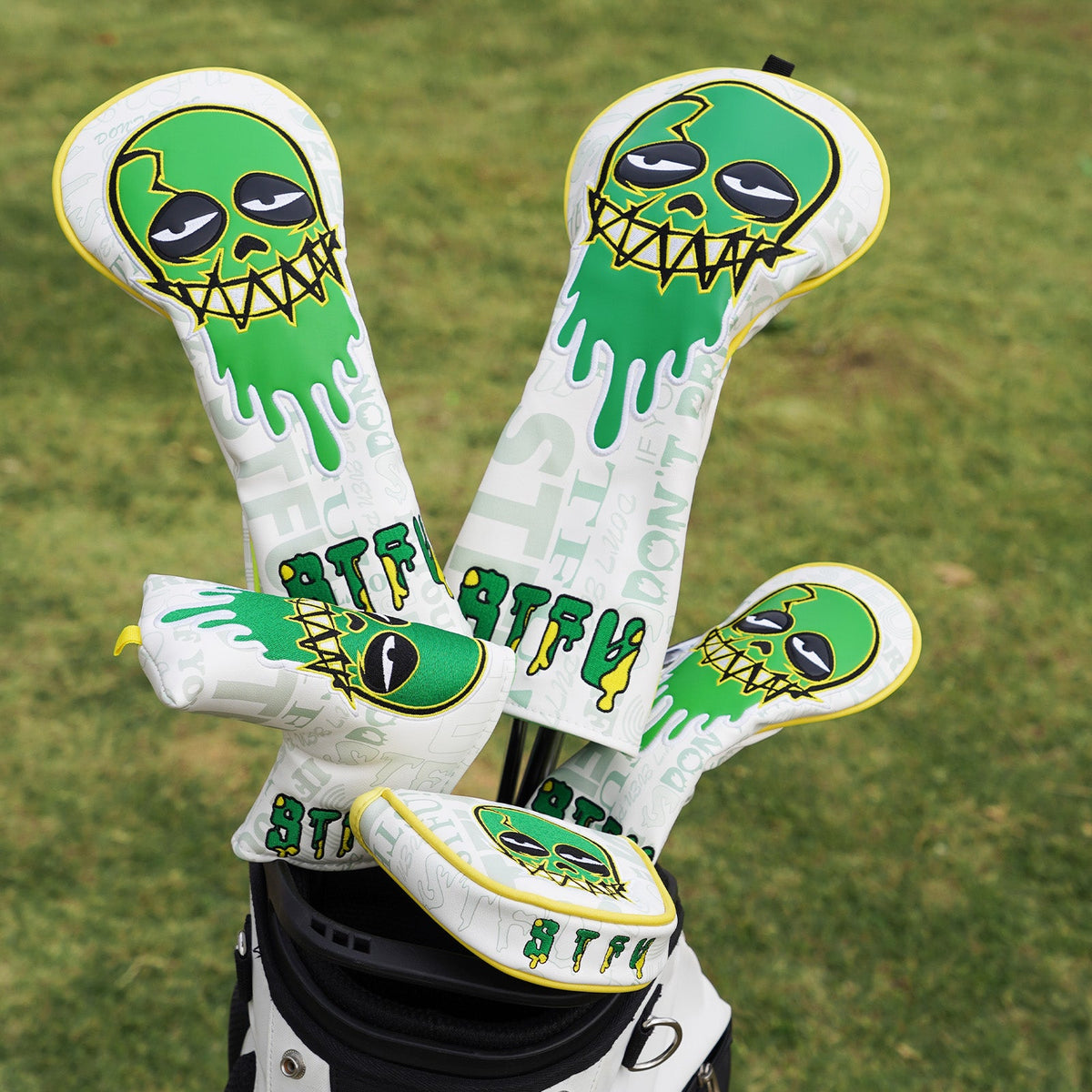 White Green Skull Embroidered Golf Head Cover Set with Iron Suction
