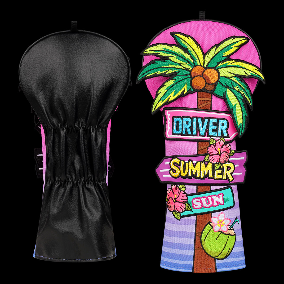 Magenta PU Leather Coconut Palm Road Sign Patch Embroidery Two-Piece Driver Headcover