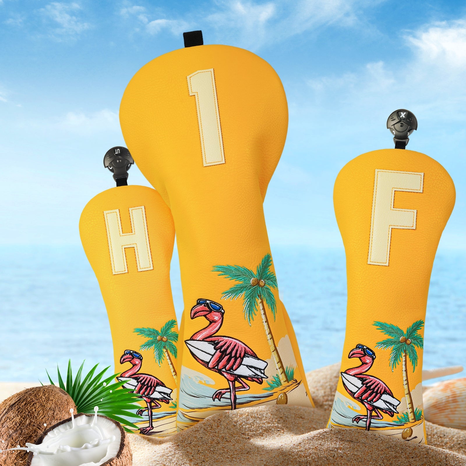 Yellow Flamingo Wooden Head Cover Set