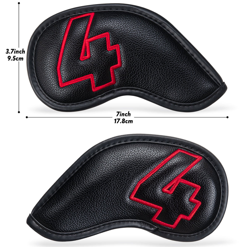 10pcs Red Numbers Black Leather Iron Headcovers with Magnetic Closure