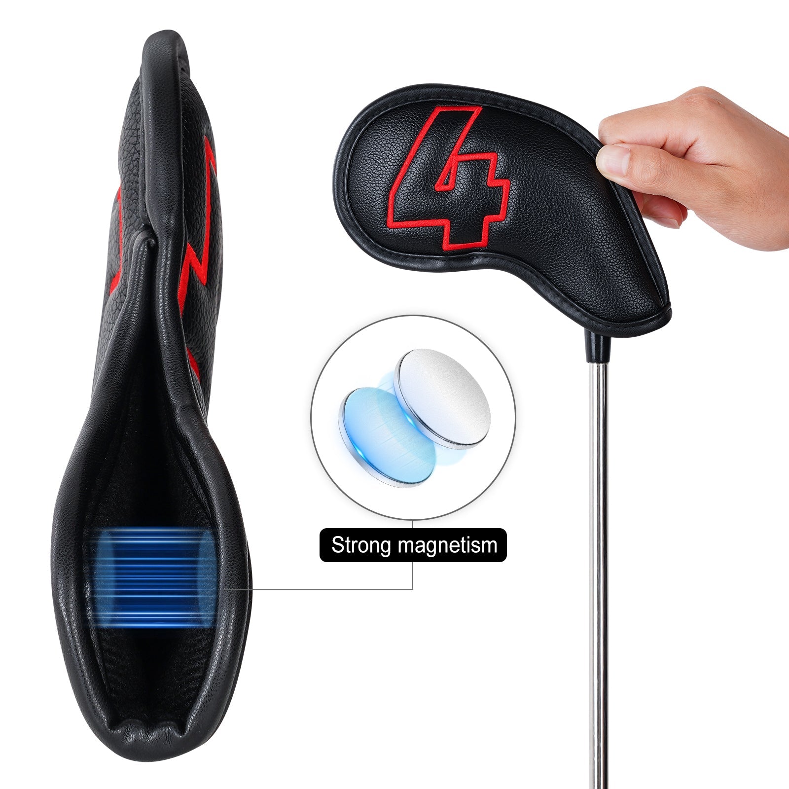 10pcs Red Numbers Black Leather Iron Headcovers with Magnetic Closure