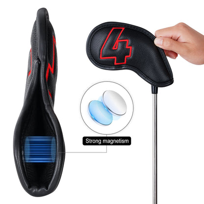 10pcs Red Numbers Black Leather Iron Headcovers with Magnetic Closure