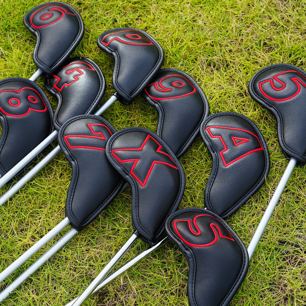 10pcs Red Numbers Black Leather Iron Headcovers with Magnetic Closure