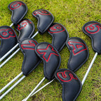 10pcs Red Numbers Black Leather Iron Headcovers with Magnetic Closure