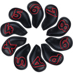 10pcs Red Numbers Black Leather Iron Headcovers with Magnetic Closure