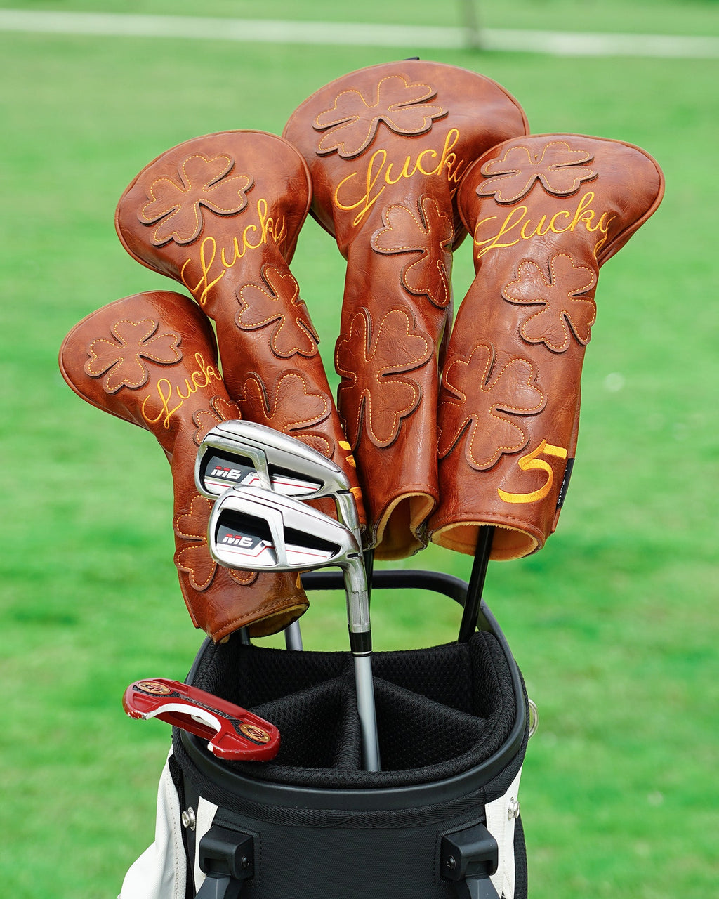 Brown LUCK Clover Golf Head Cover Set