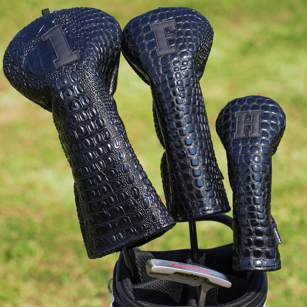 Bright Black Crocodile Golf Head Cover Set