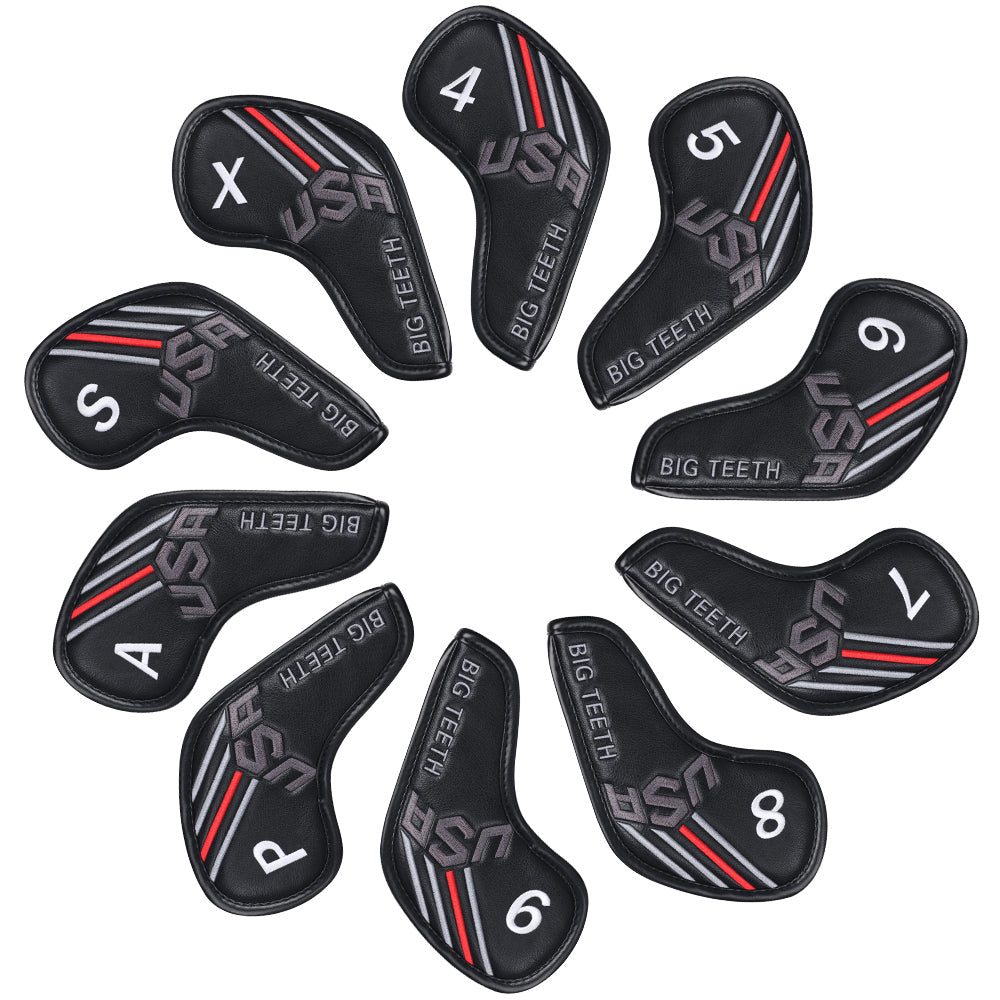 Black Embroidery Velcro Iron Headcover Set 10pcs