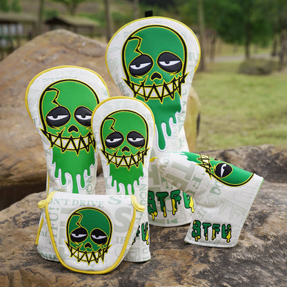 White Green Skull Embroidered Golf Head Cover Set with Iron Suction