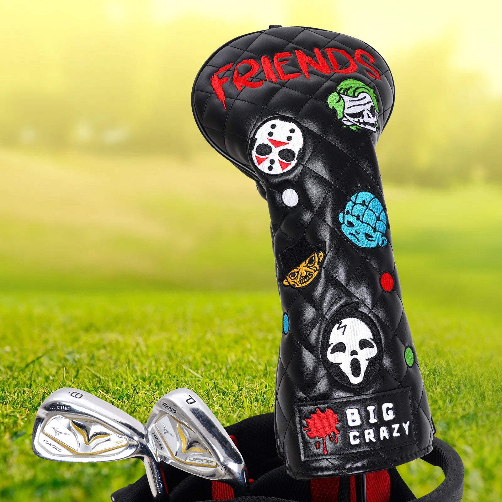 Black Evil Friends Embroidered Wooden Head Cover