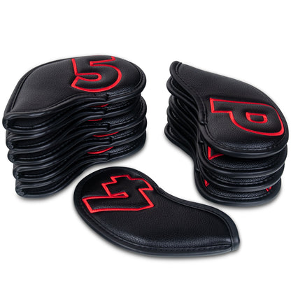 10pcs Red Numbers Black Leather Iron Headcovers with Magnetic Closure