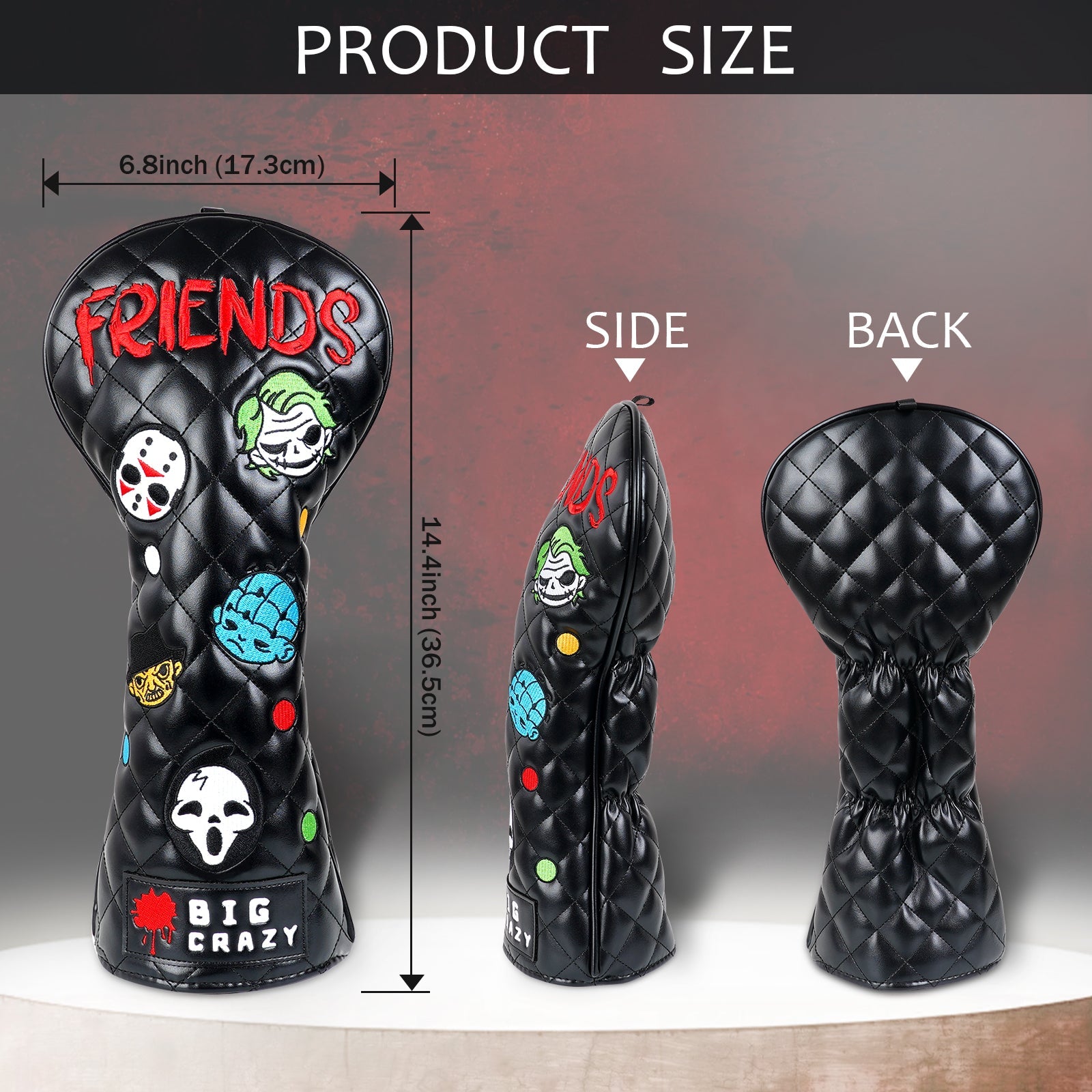 Black Evil Friends Embroidered Wooden Head Cover