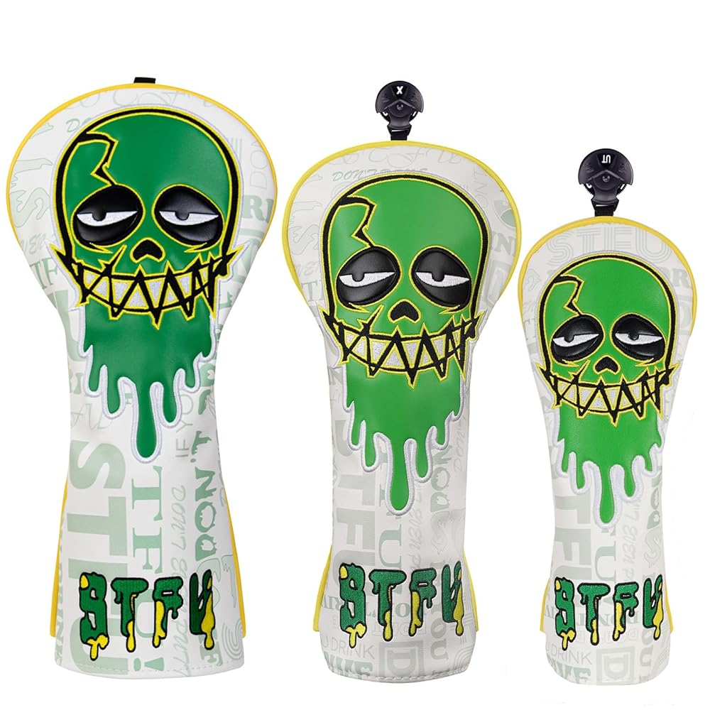 White Green Skull Embroidered Golf Head Cover Set with Iron Suction