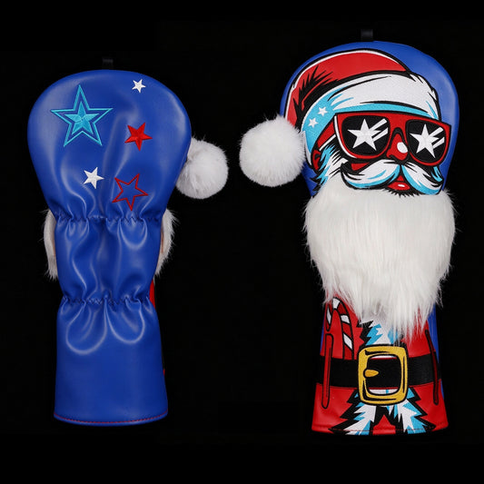 Blue PU Leather Santa Plush Patch Embroidery Driver Headcover