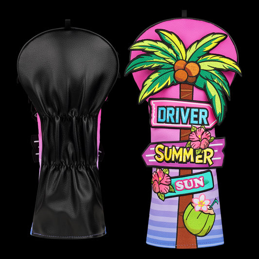 Magenta PU Leather Coconut Palm Road Sign Patch Embroidery Two-Piece Driver Headcover