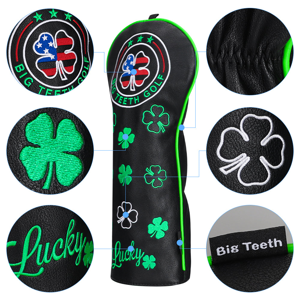 Black Leather Four-Leaf Clover Golf Headcover Set