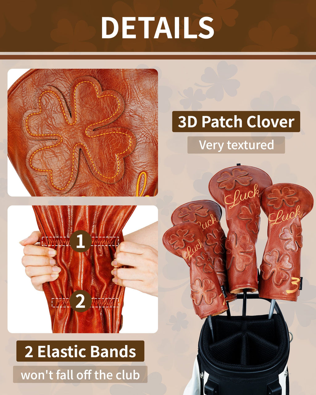 Brown LUCK Clover Golf Head Cover Set