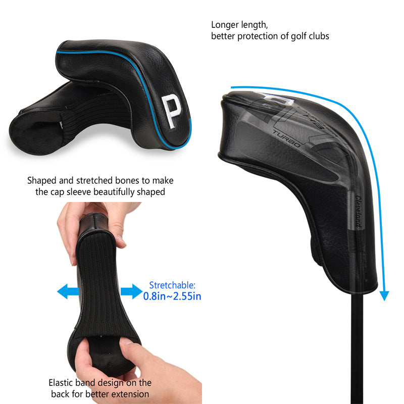 Black Leather White Numbers Golf Club Hybrid Iron Head Covers Set 9 PCS - Craftsman Golf