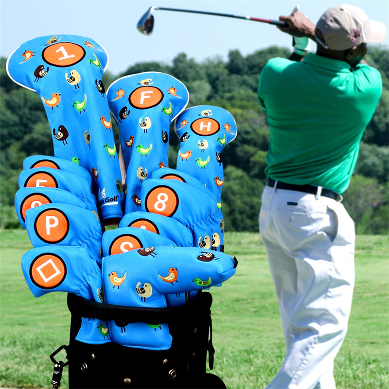 Birdies Blue Leather Golf Iron Head Covers 10pcs/ Set  - Craftsman Golf