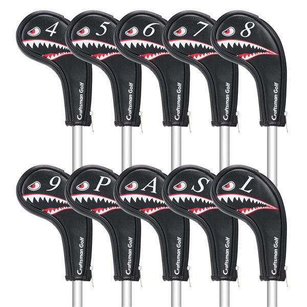 Craftsman Golf Shark Embroidered Black Leather Golf Head Covers