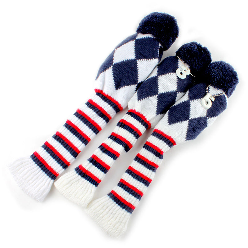 Knitted Checked Pom Pom Golf Wood Head Covers Set 3pcs - Craftsman Golf