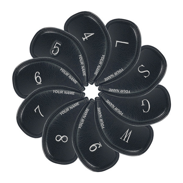 Personalized Black Leather Iron Head Covers Set With Your Name (4-9,W,G,S,L)-CraftsmanGolf