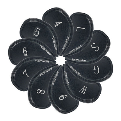 Personalized Black Leather Iron Head Covers Set With Your Name (4-9,W,G,S,L)-CraftsmanGolf
