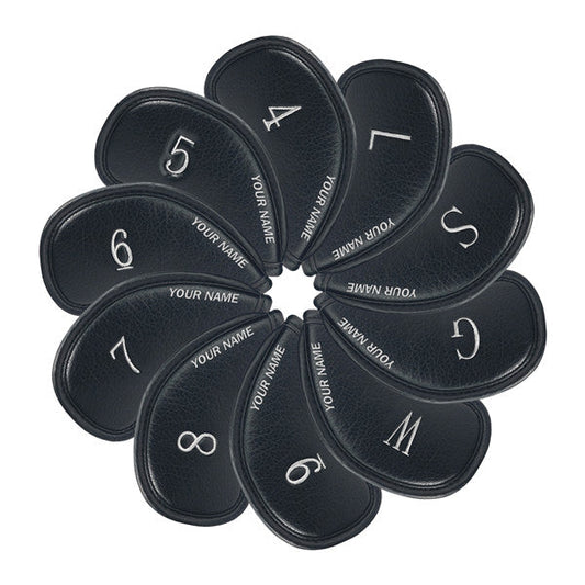 Personalized Black Leather Iron Head Covers Set With Your Name (4-9,W,G,S,L)-CraftsmanGolf