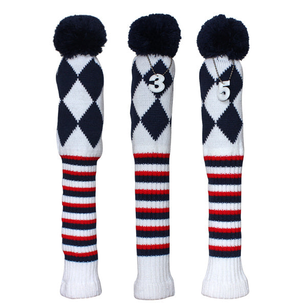 Knitted Checked Pom Pom Golf Wood Head Covers Set 3pcs - Craftsman Golf