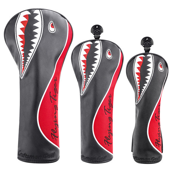 Craftsman Golf Shark Embroidered Black Leather Golf Head Covers