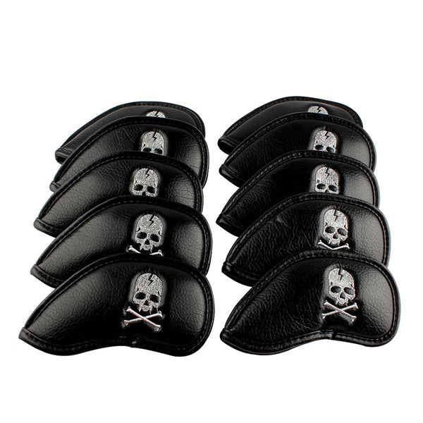 Silver Skull Black Leather Iron Head Covers Set 10pcs(3-9,Pw,Aw,Sw)-Craftsman Golf