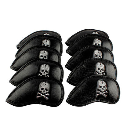 Silver Skull Black Leather Iron Head Covers Set 10pcs(3-9,Pw,Aw,Sw)-Craftsman Golf