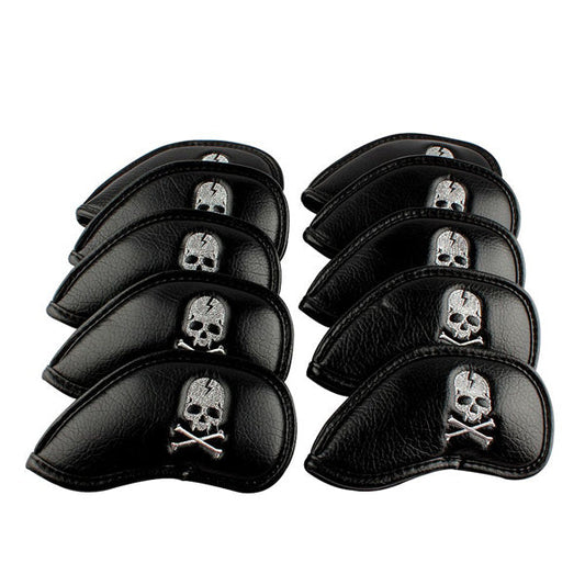 Silver Skull Black Leather Iron Head Covers Set 10pcs(3-9,Pw,Aw,Sw)-Craftsman Golf