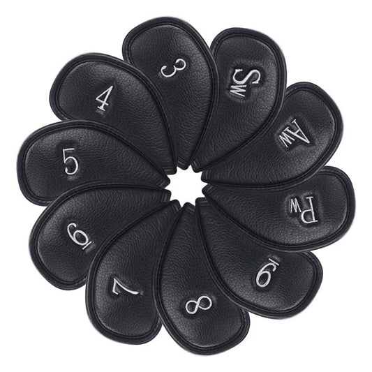 Silver Skull Black Leather Iron Head Covers Set 10pcs(3-9,Pw,Aw,Sw)-Craftsman Golf