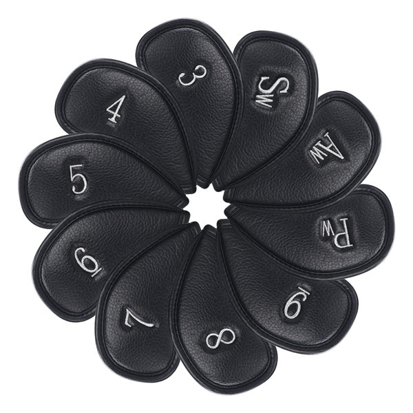 Silver Skull Black Leather Iron Head Covers Set 10pcs(3-9,Pw,Aw,Sw)-Craftsman Golf