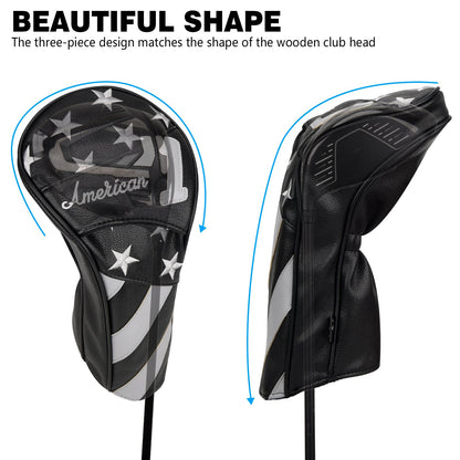 Stars and Stripes Black Leather Golf Wood Head Cover-CraftsmanGolf