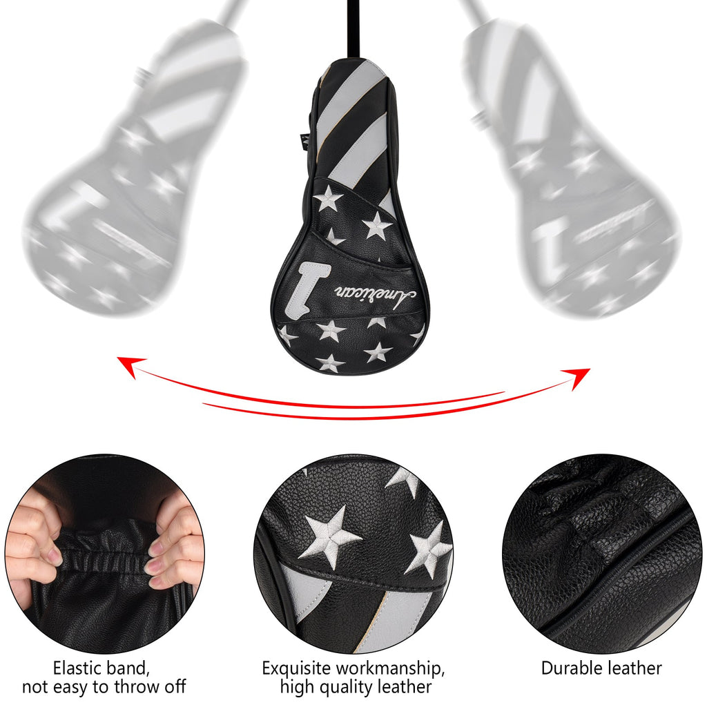 Stars and Stripes Black Leather Golf Wood Head Cover-CraftsmanGolf