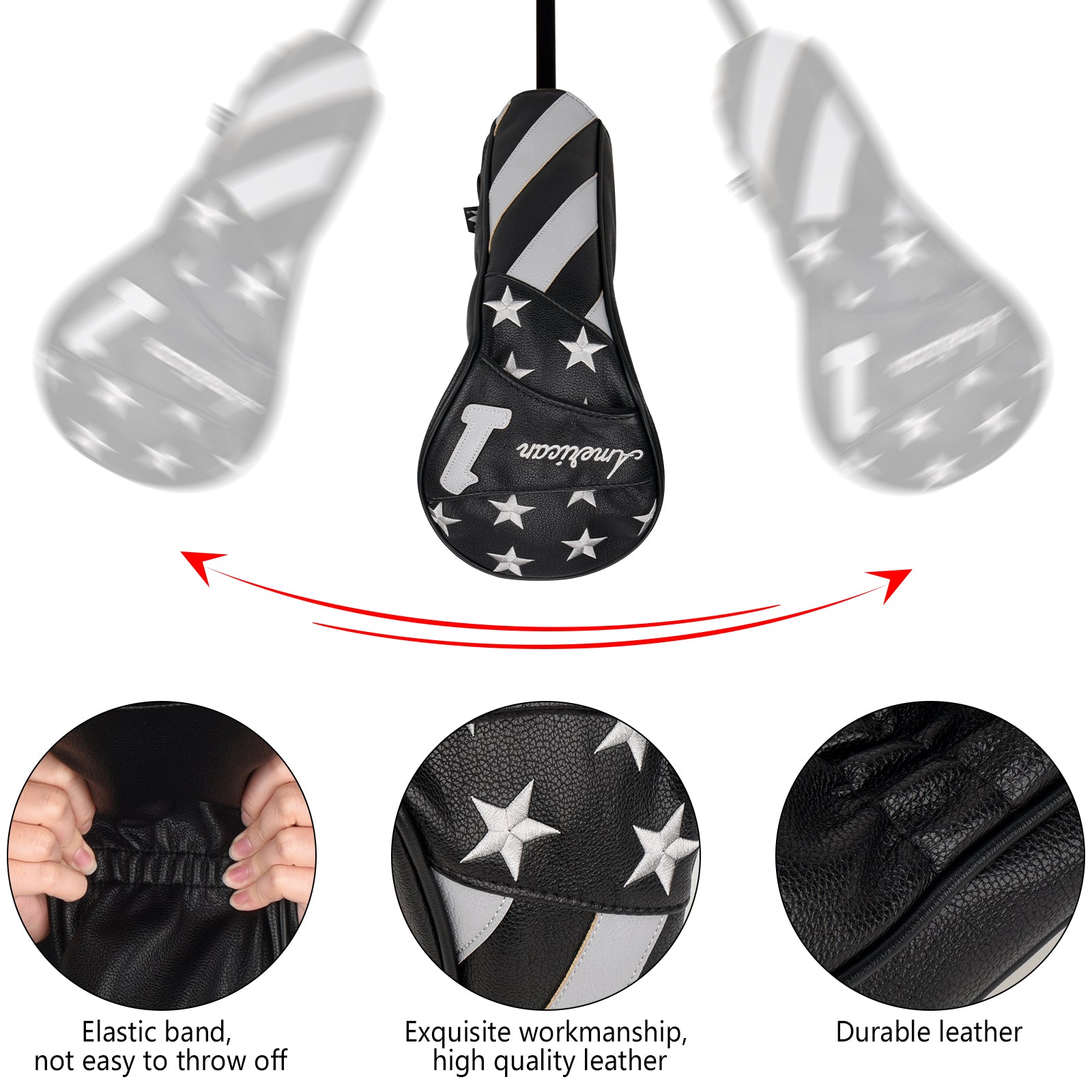 Stars and Stripes Black Leather Golf Wood Head Cover-CraftsmanGolf