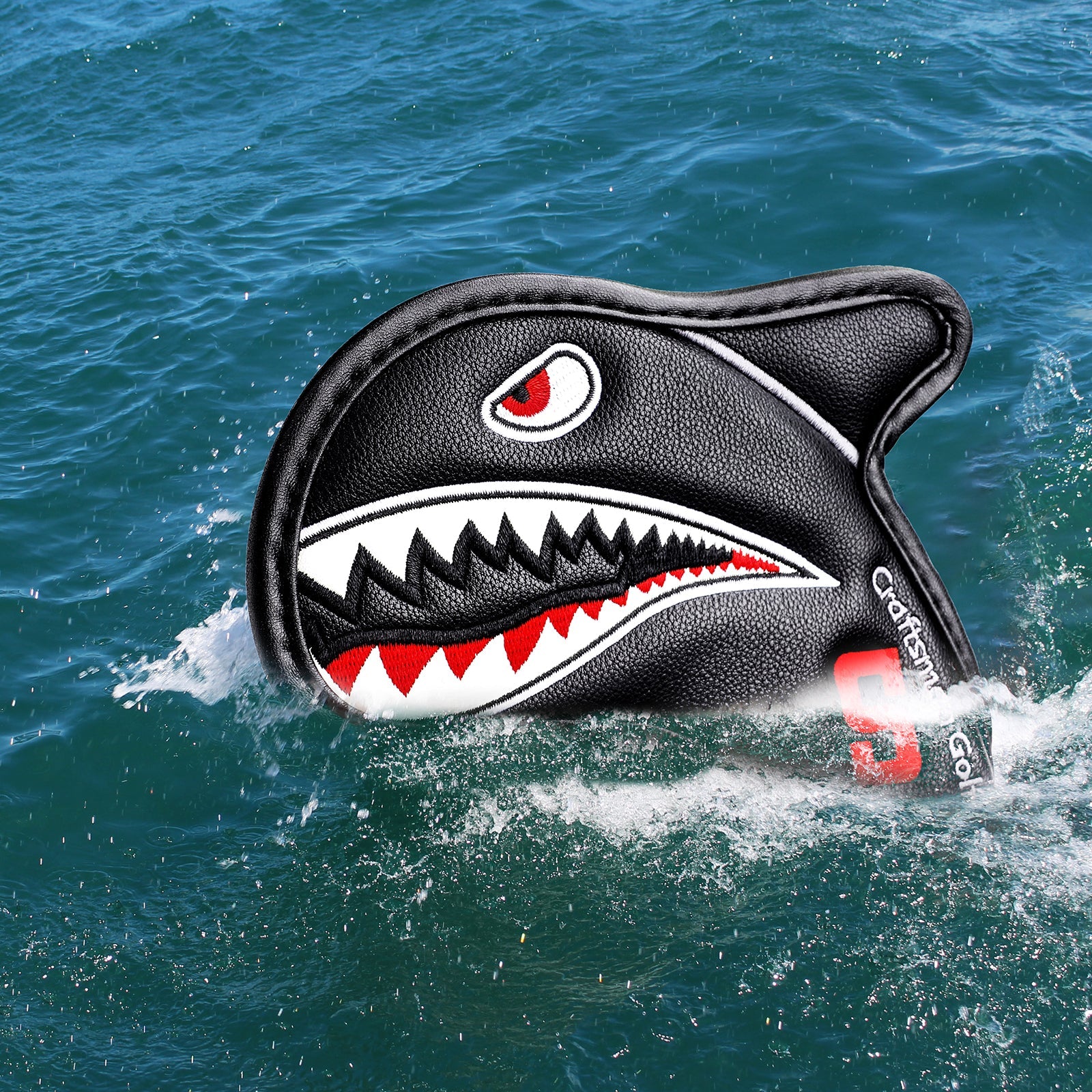 Vivid Shark Embroidery With 3D Fin Visible Red Numbers Iron Cover Set - Craftsman golf