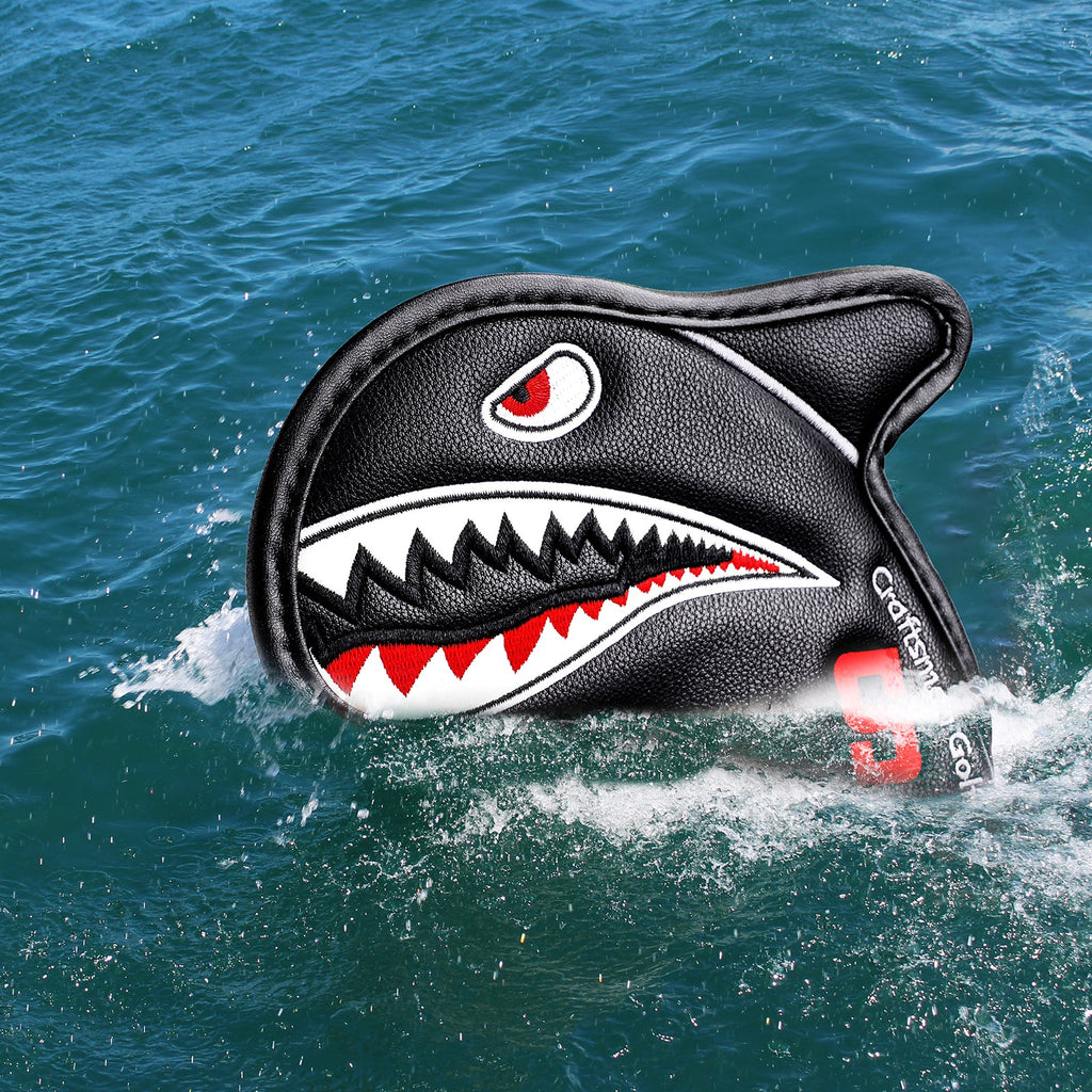 Vivid Shark Embroidery With 3D Fin Visible Red Numbers Iron Cover Set - Craftsman golf