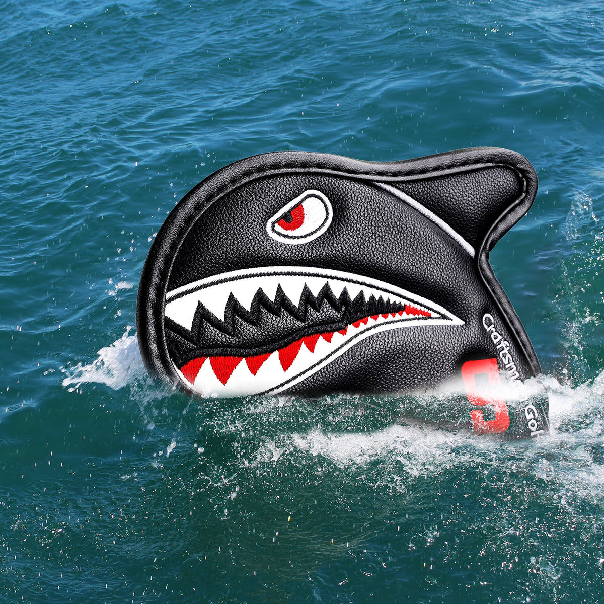 Vivid Shark Embroidery With 3D Fin Visible Red Numbers Iron Cover Set - Craftsman golf