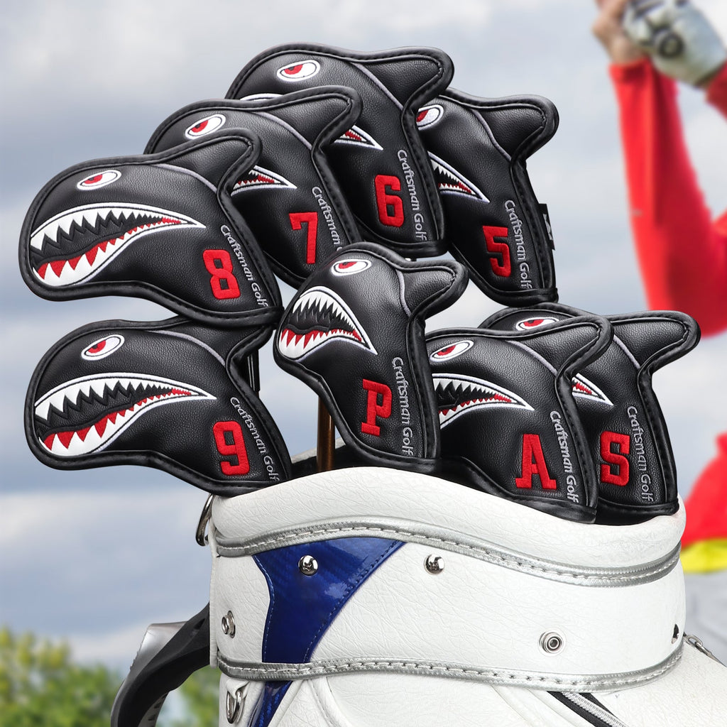 Vivid Shark Embroidery With 3D Fin Visible Red Numbers Iron Cover Set - Craftsman golf