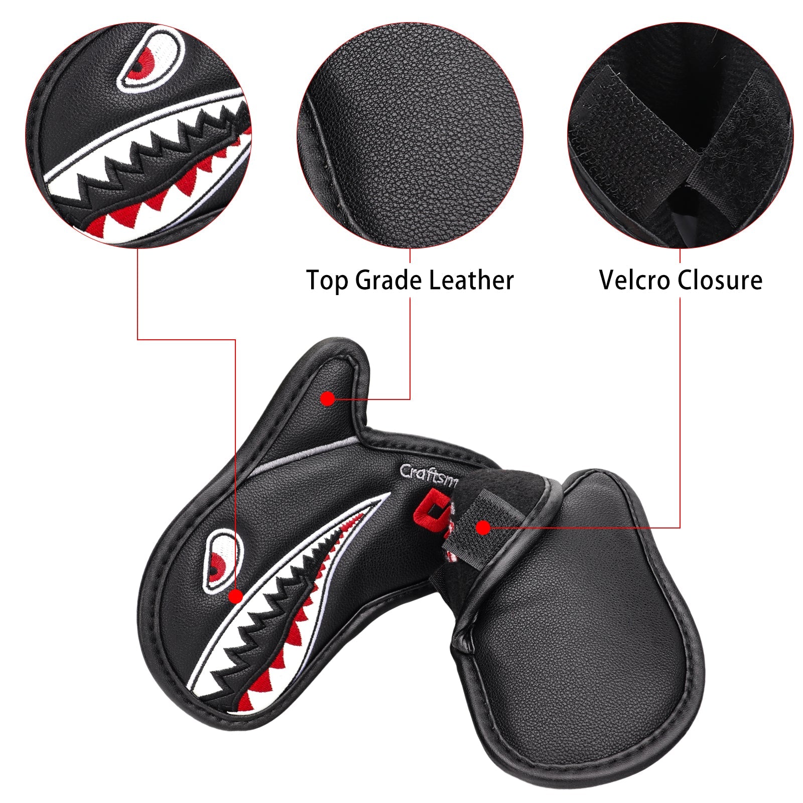 Vivid Shark Embroidery With 3D Fin Visible Red Numbers Iron Cover Set - Craftsman golf