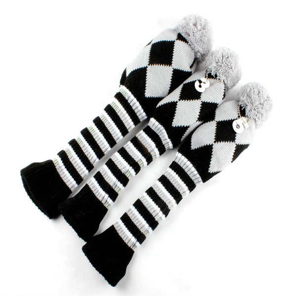 Knitted Checked Pom Pom Golf Wood Head Covers Set 3pcs - Craftsman Golf