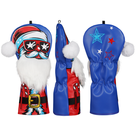 Blue PU Leather Santa Plush Patch Embroidery Driver Headcover