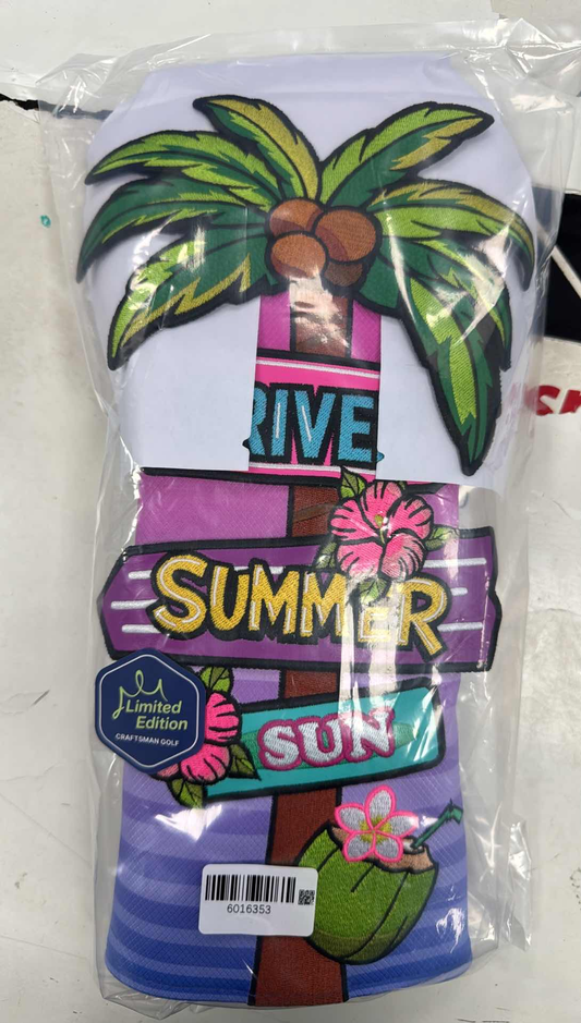 Magenta PU Leather Coconut Palm Road Sign Patch Embroidery Two-Piece Driver Headcover