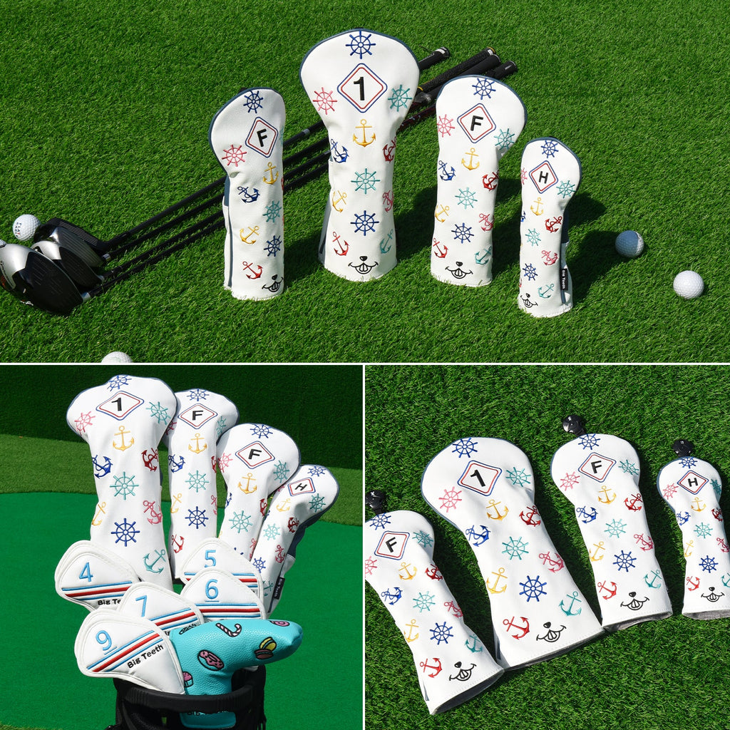 White Leather Rudder Wood Headcover Set